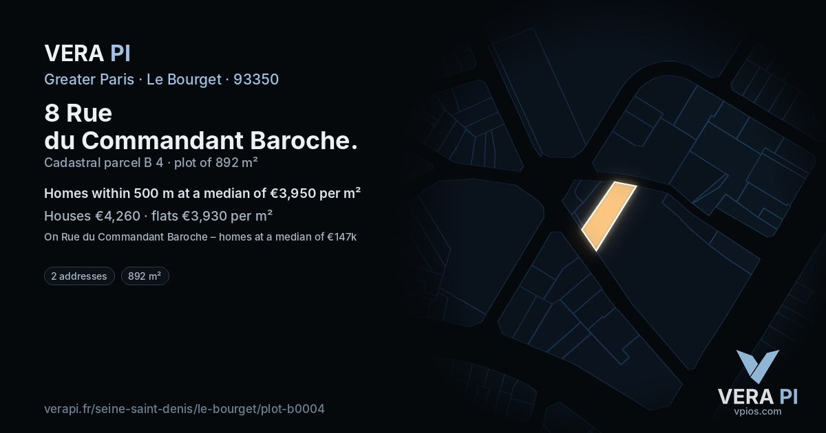 8 Rue du Commandant Baroche, Le Bourget at night – the plot lit, the parcels around coloured by the prices near them