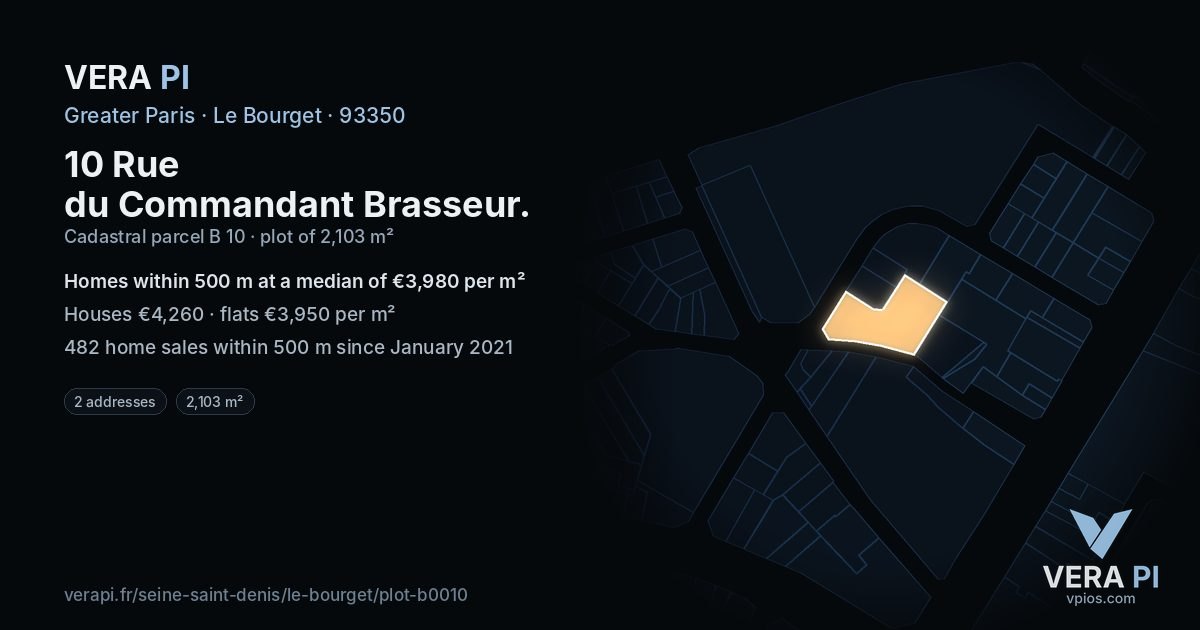 10 Rue du Commandant Brasseur, Le Bourget at night – the plot lit, the parcels around coloured by the prices near them