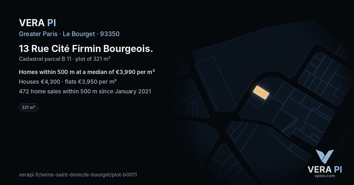 13 Rue Cité Firmin Bourgeois, Le Bourget at night – the plot lit, the parcels around coloured by the prices near them