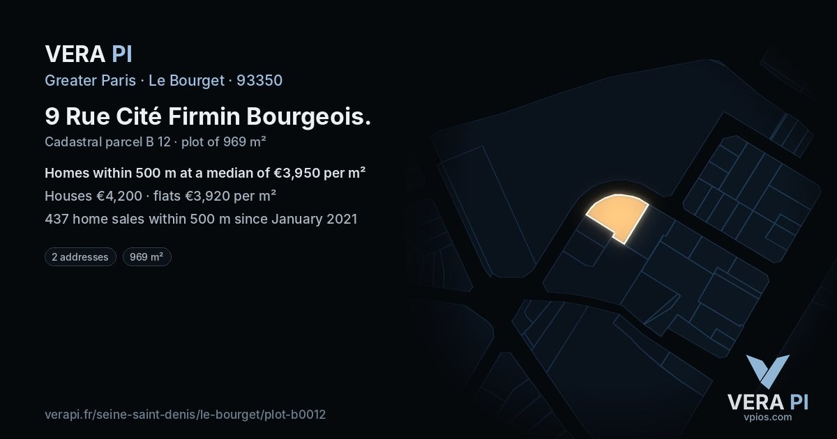 9 Rue Cité Firmin Bourgeois, Le Bourget at night – the plot lit, the parcels around coloured by the prices near them