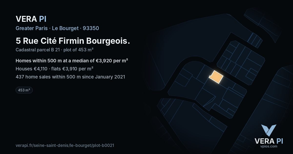 5 Rue Cité Firmin Bourgeois, Le Bourget at night – the plot lit, the parcels around coloured by the prices near them