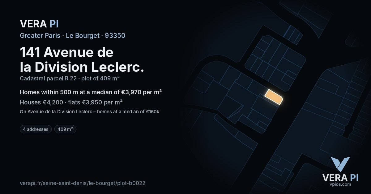 141 Avenue de la Division Leclerc, Le Bourget at night – the plot lit, the parcels around coloured by the prices near them