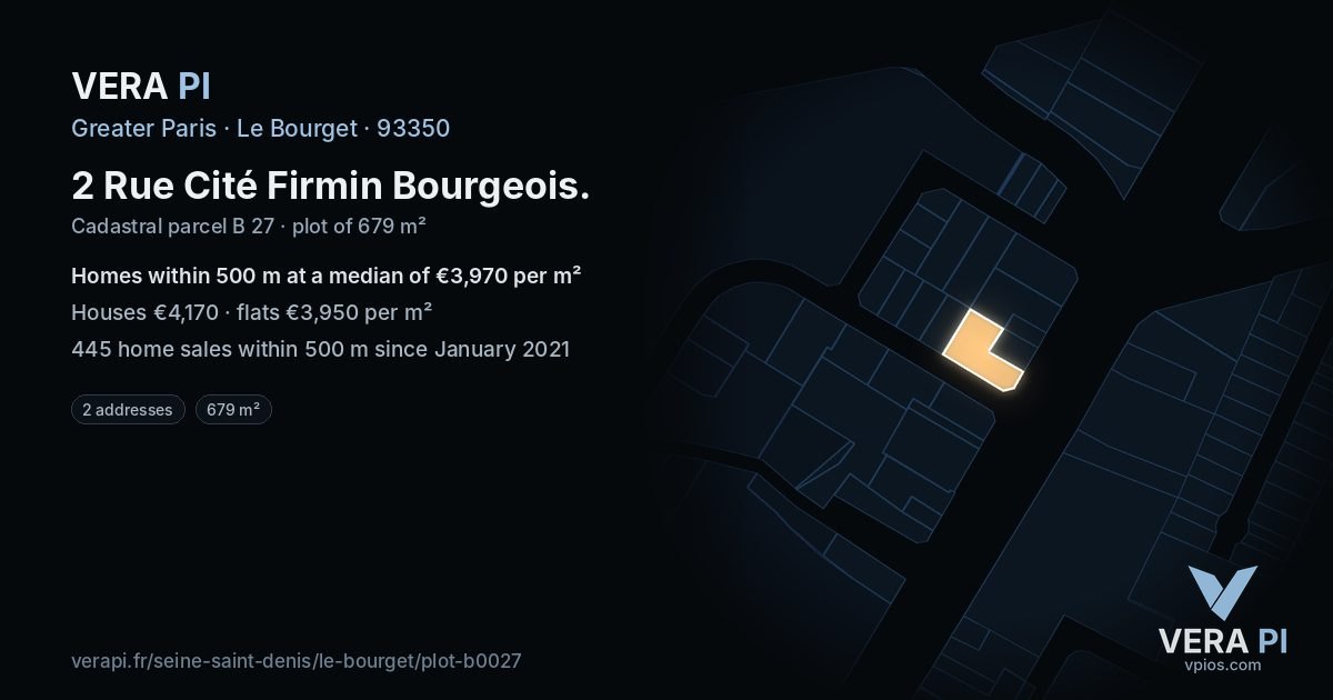 2 Rue Cité Firmin Bourgeois, Le Bourget at night – the plot lit, the parcels around coloured by the prices near them