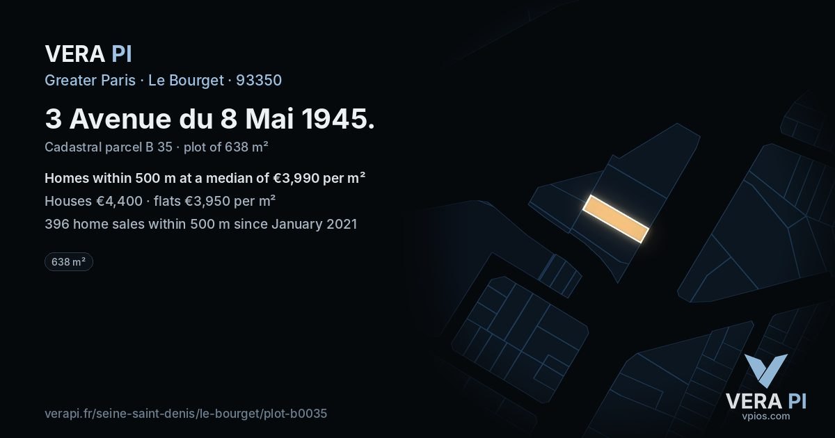 3 Avenue du 8 Mai 1945, Le Bourget at night – the plot lit, the parcels around coloured by the prices near them