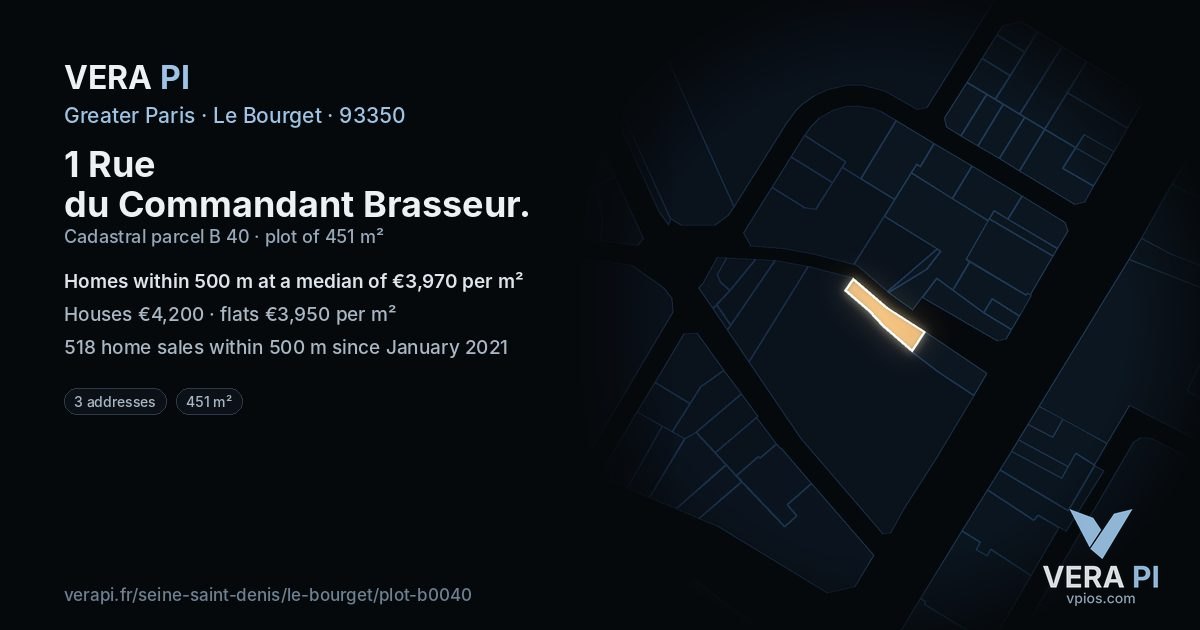 1 Rue du Commandant Brasseur, Le Bourget at night – the plot lit, the parcels around coloured by the prices near them