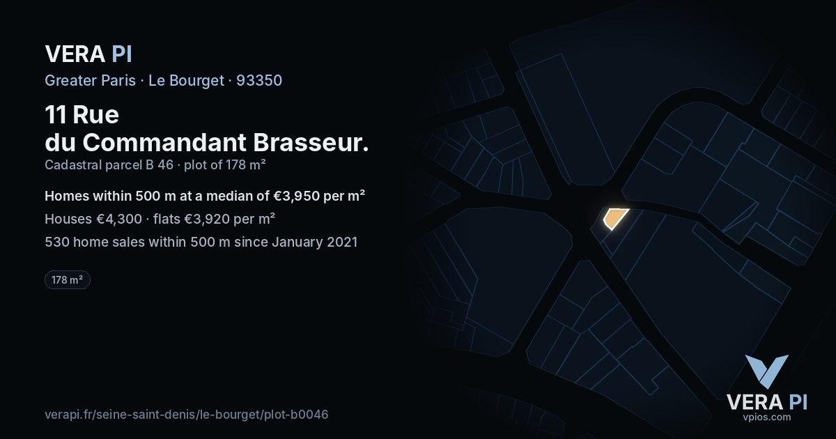 11 Rue du Commandant Brasseur, Le Bourget at night – the plot lit, the parcels around coloured by the prices near them