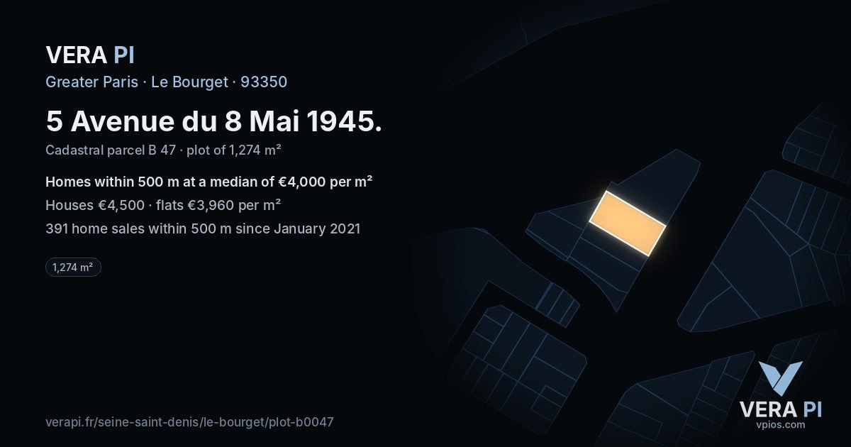 5 Avenue du 8 Mai 1945, Le Bourget at night – the plot lit, the parcels around coloured by the prices near them