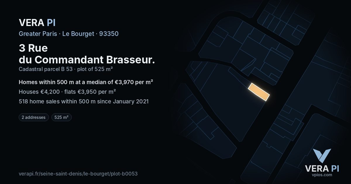 3 Rue du Commandant Brasseur, Le Bourget at night – the plot lit, the parcels around coloured by the prices near them