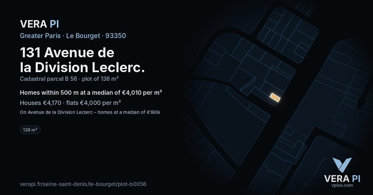 131 Avenue de la Division Leclerc, Le Bourget at night – the plot lit, the parcels around coloured by the prices near them