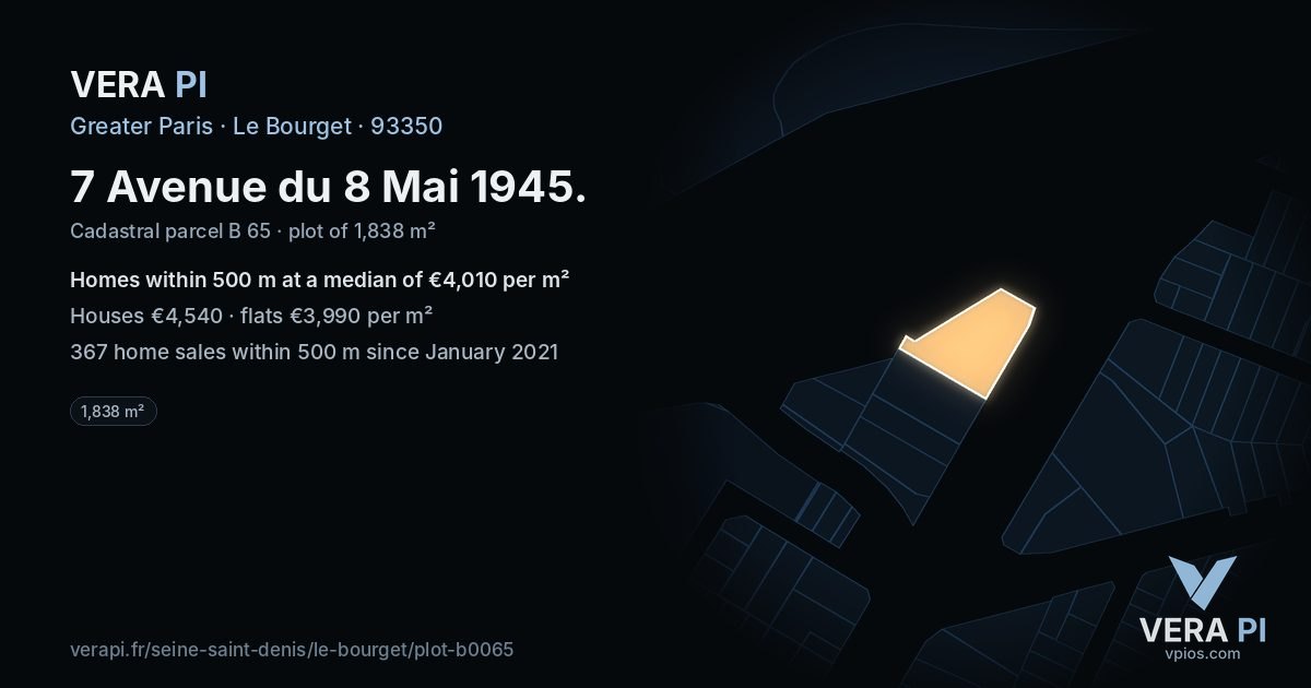 7 Avenue du 8 Mai 1945, Le Bourget at night – the plot lit, the parcels around coloured by the prices near them