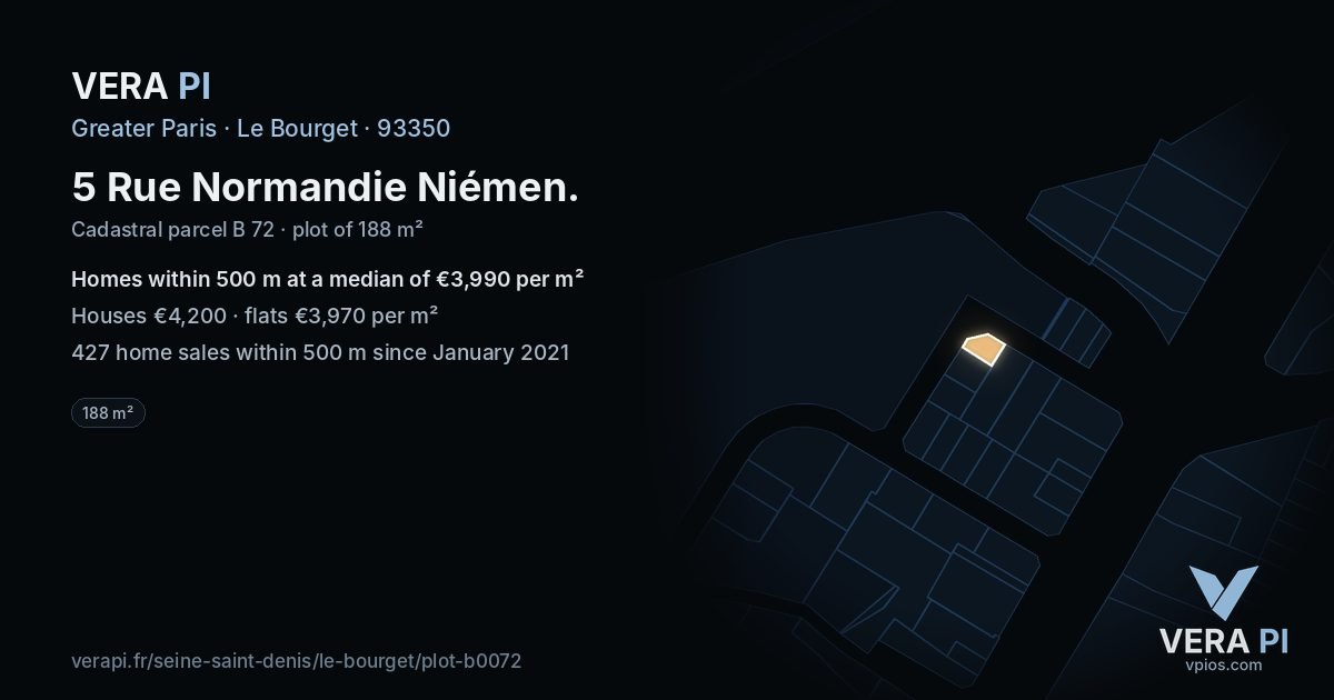 5 Rue Normandie Niémen, Le Bourget at night – the plot lit, the parcels around coloured by the prices near them