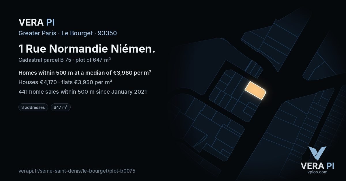 1 Rue Normandie Niémen, Le Bourget at night – the plot lit, the parcels around coloured by the prices near them