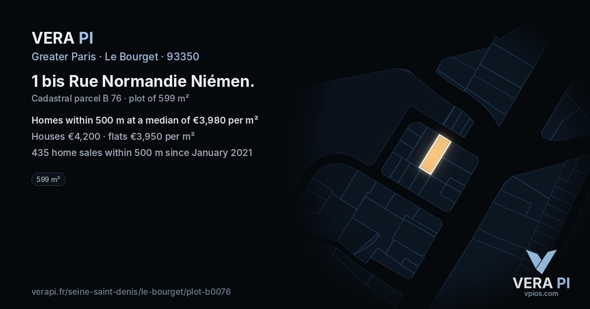 1 bis Rue Normandie Niémen, Le Bourget at night – the plot lit, the parcels around coloured by the prices near them