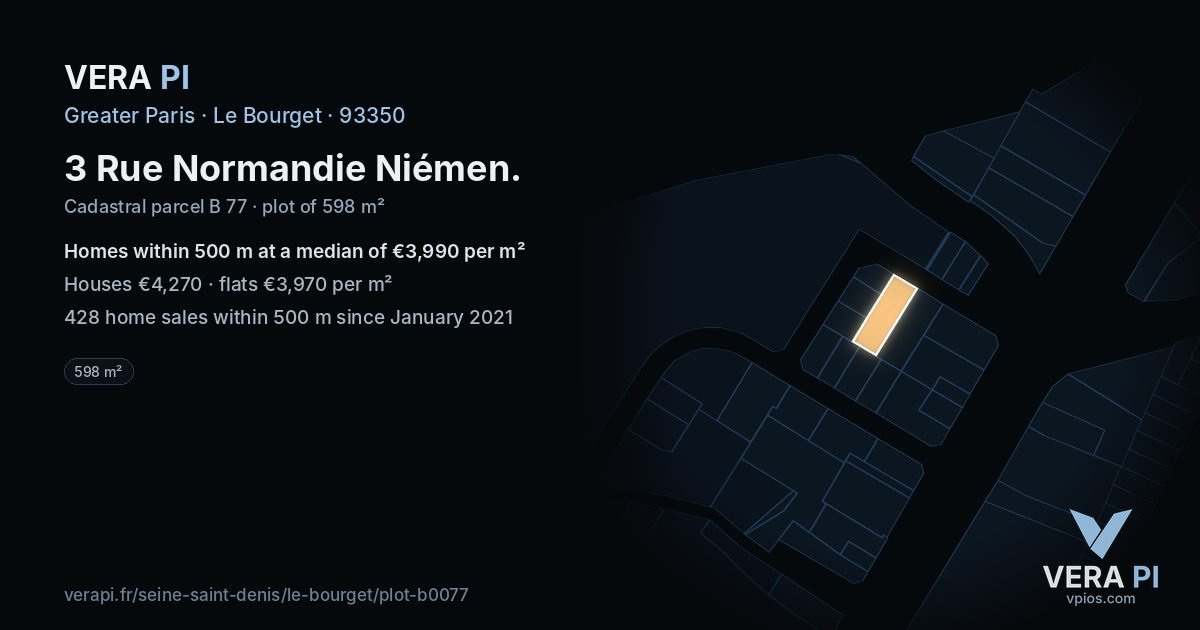 3 Rue Normandie Niémen, Le Bourget at night – the plot lit, the parcels around coloured by the prices near them