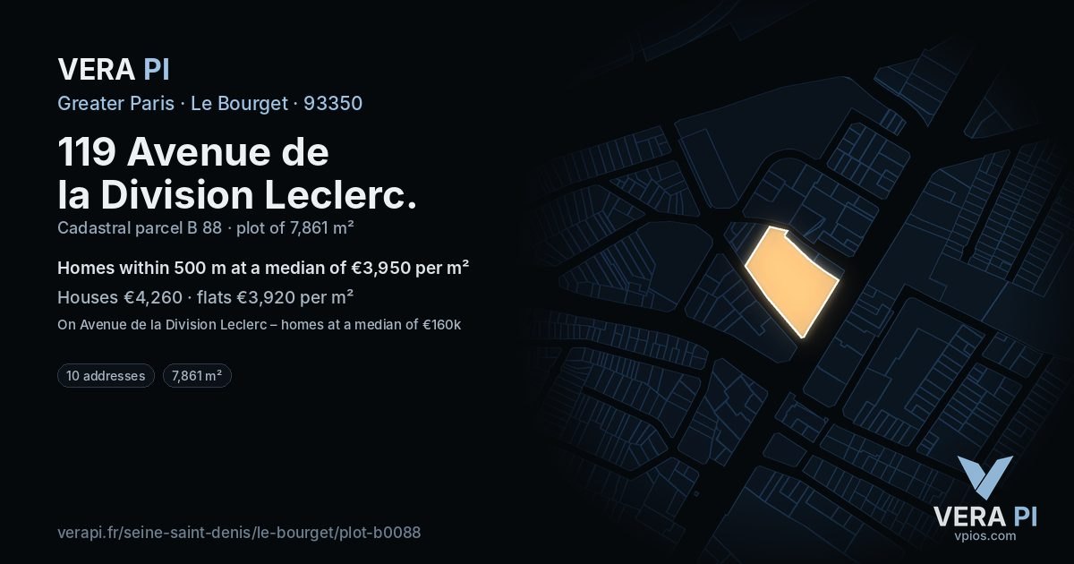 119 Avenue de la Division Leclerc, Le Bourget at night – the plot lit, the parcels around coloured by the prices near them