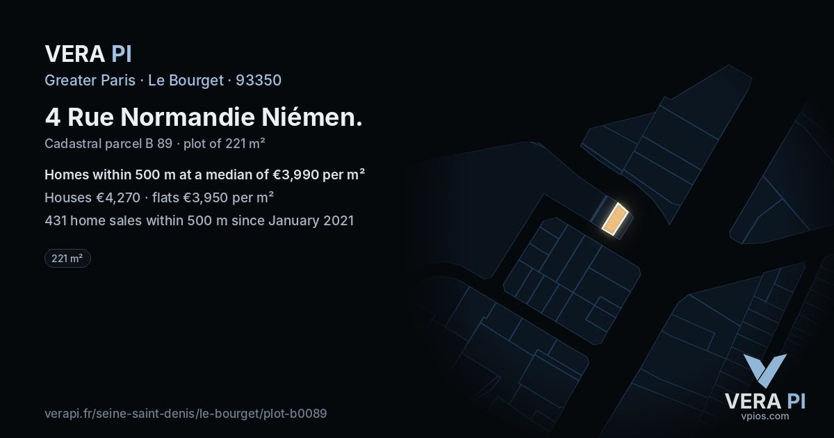 4 Rue Normandie Niémen, Le Bourget at night – the plot lit, the parcels around coloured by the prices near them