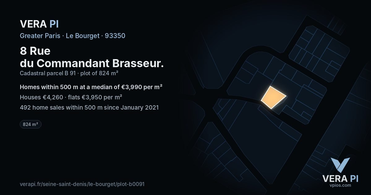 8 Rue du Commandant Brasseur, Le Bourget at night – the plot lit, the parcels around coloured by the prices near them