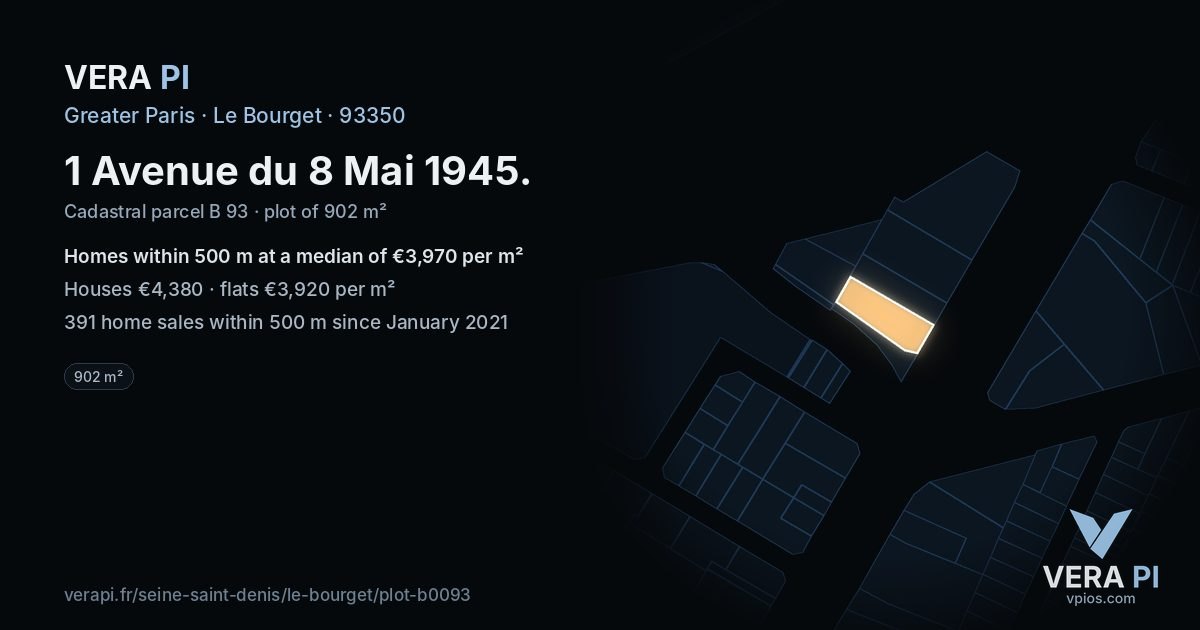 1 Avenue du 8 Mai 1945, Le Bourget at night – the plot lit, the parcels around coloured by the prices near them