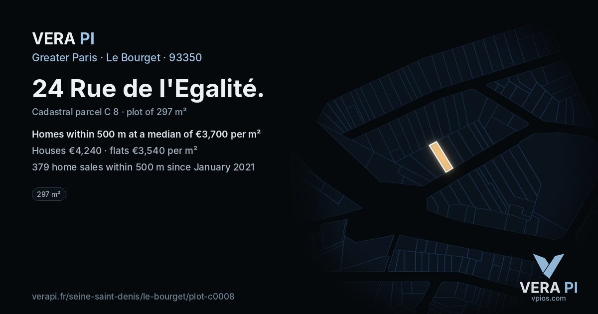 24 Rue de l'Egalité, Le Bourget at night – the plot lit, the parcels around coloured by the prices near them
