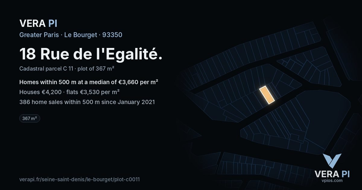 18 Rue de l'Egalité, Le Bourget at night – the plot lit, the parcels around coloured by the prices near them