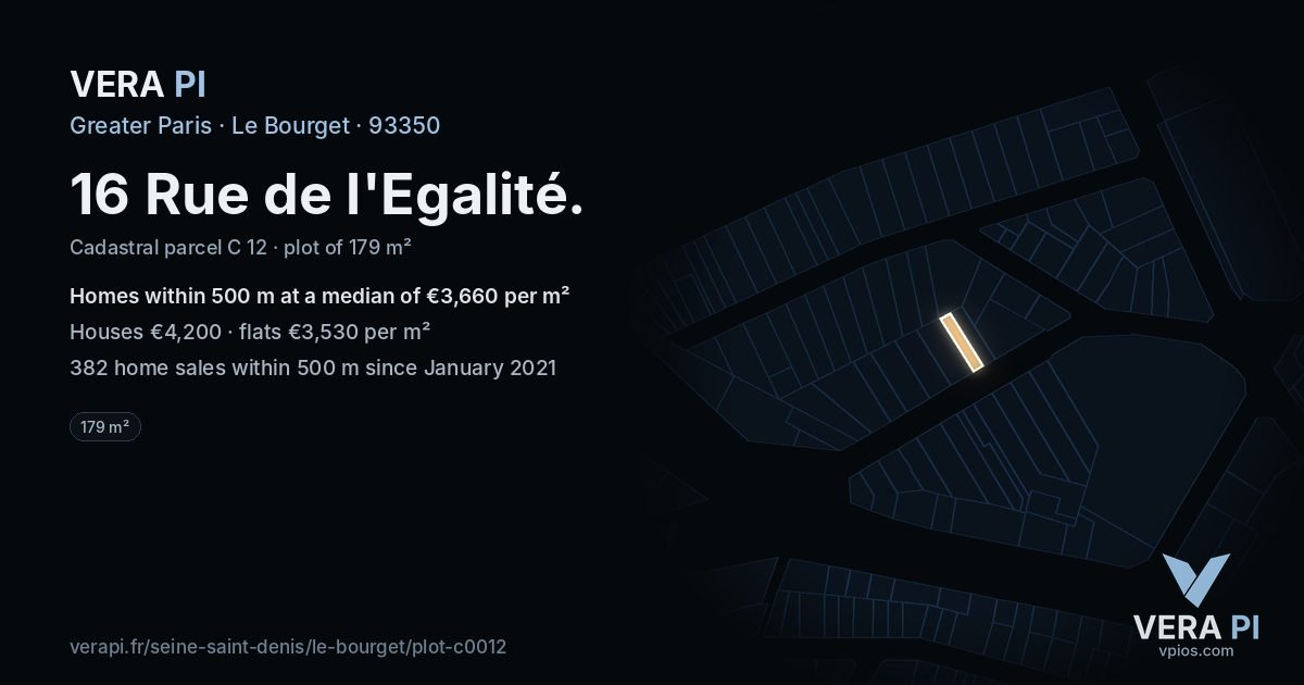 16 Rue de l'Egalité, Le Bourget at night – the plot lit, the parcels around coloured by the prices near them