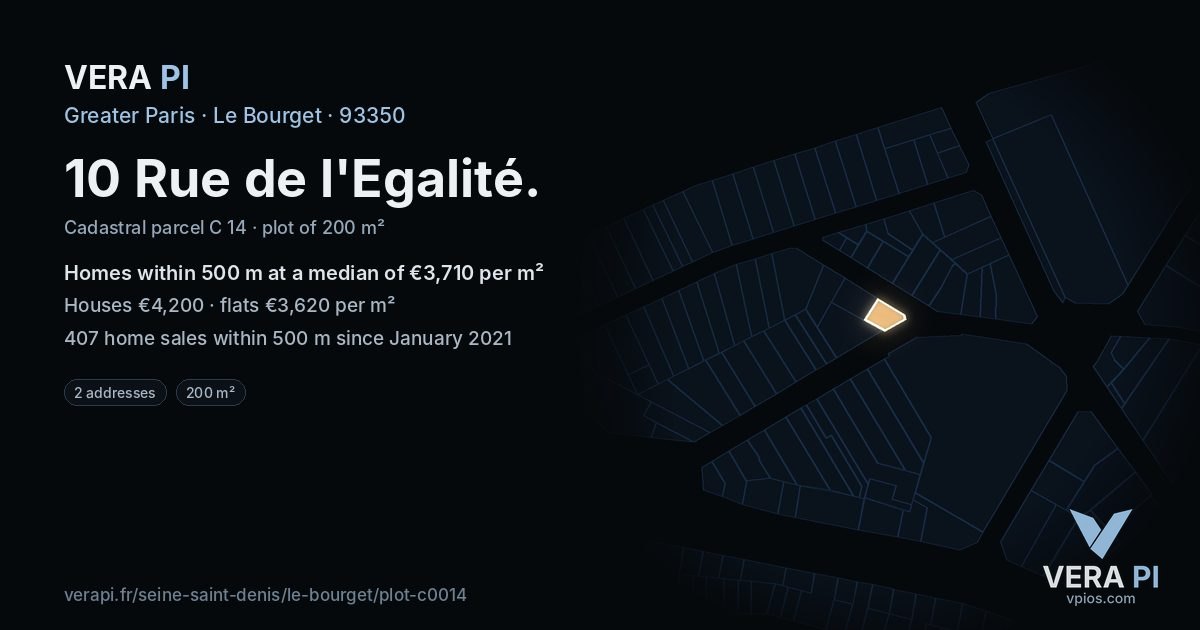 10 Rue de l'Egalité, Le Bourget at night – the plot lit, the parcels around coloured by the prices near them