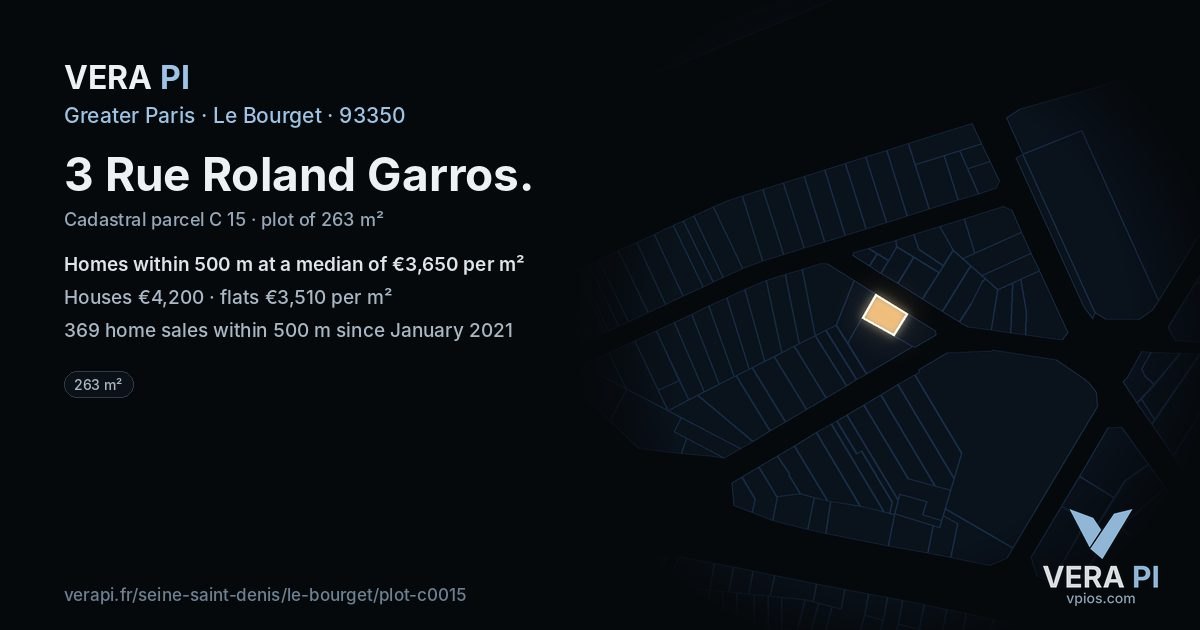 3 Rue Roland Garros, Le Bourget at night – the plot lit, the parcels around coloured by the prices near them