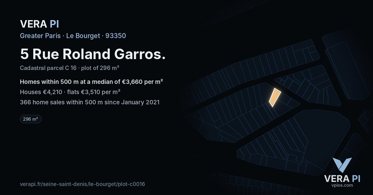5 Rue Roland Garros, Le Bourget at night – the plot lit, the parcels around coloured by the prices near them