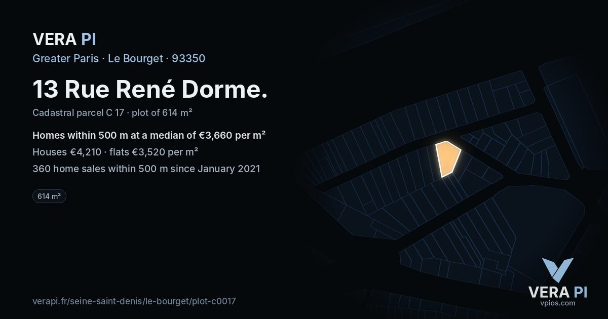 13 Rue René Dorme, Le Bourget at night – the plot lit, the parcels around coloured by the prices near them