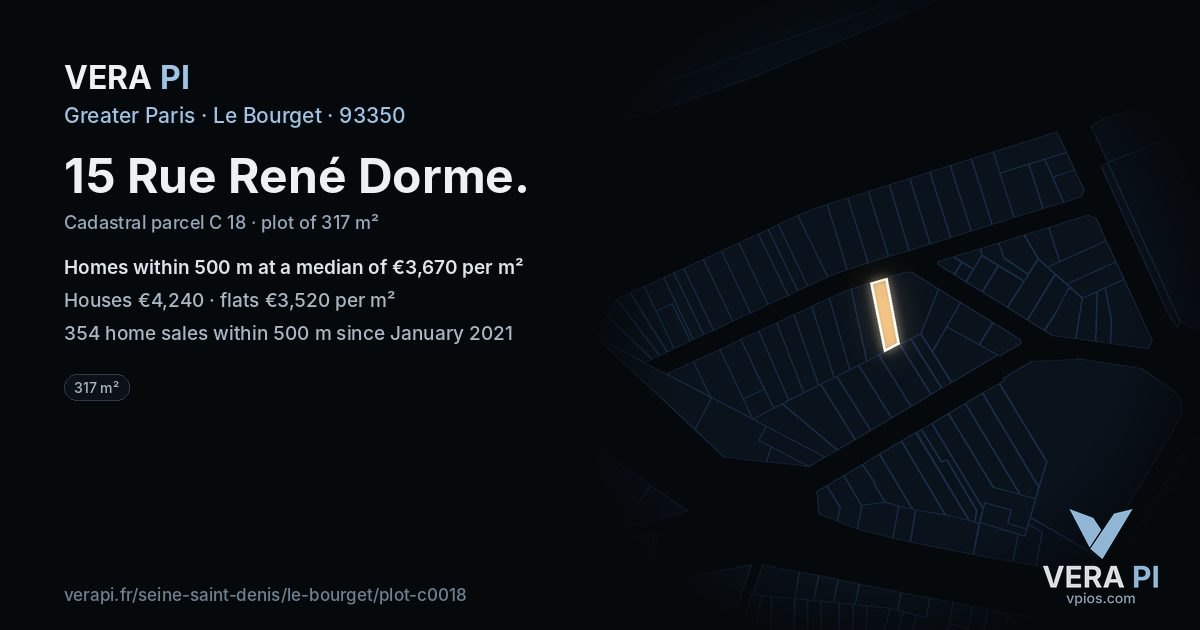 15 Rue René Dorme, Le Bourget at night – the plot lit, the parcels around coloured by the prices near them