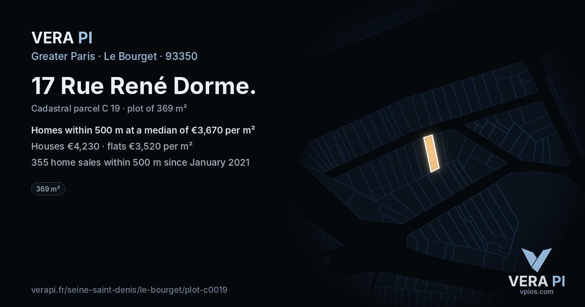 17 Rue René Dorme, Le Bourget at night – the plot lit, the parcels around coloured by the prices near them