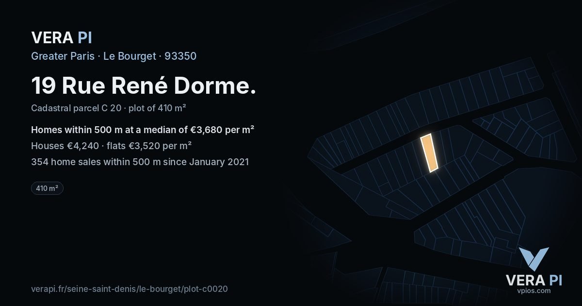 19 Rue René Dorme, Le Bourget at night – the plot lit, the parcels around coloured by the prices near them