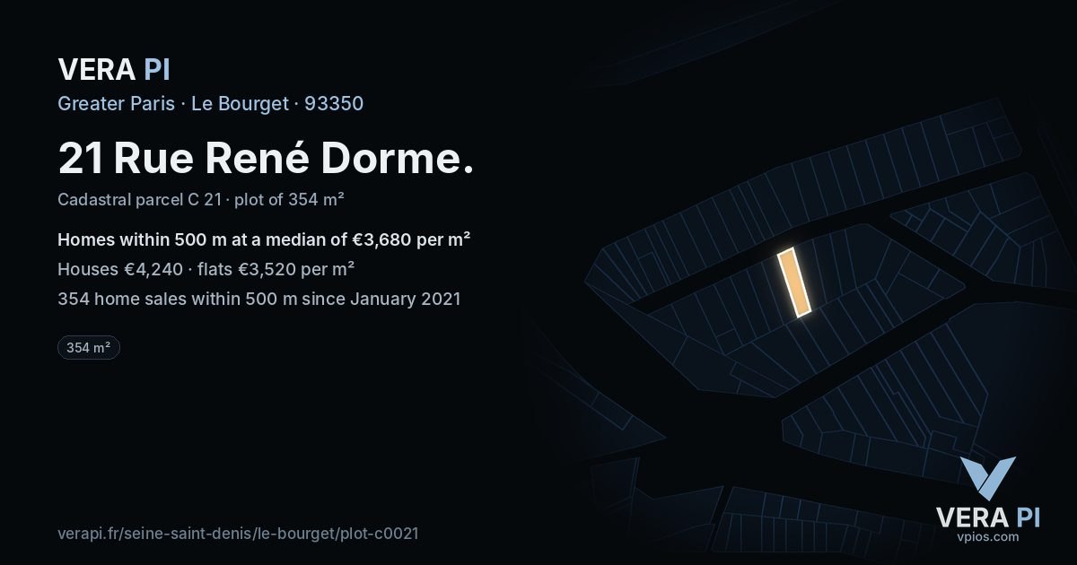 21 Rue René Dorme, Le Bourget at night – the plot lit, the parcels around coloured by the prices near them