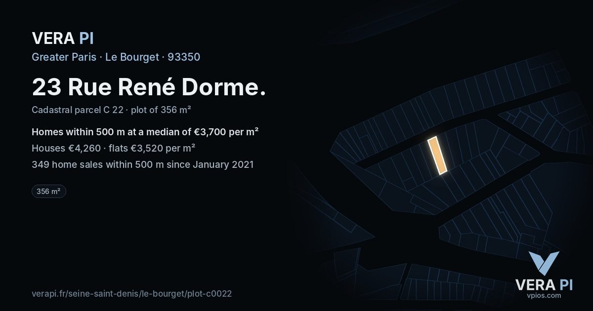 23 Rue René Dorme, Le Bourget at night – the plot lit, the parcels around coloured by the prices near them