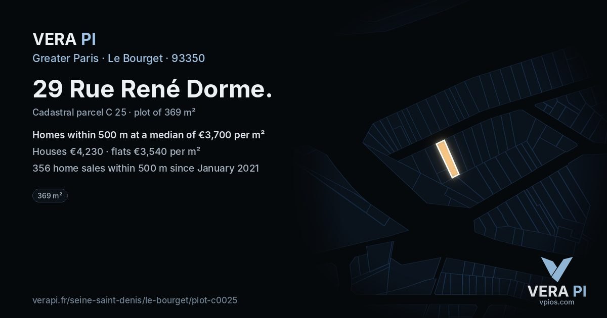 29 Rue René Dorme, Le Bourget at night – the plot lit, the parcels around coloured by the prices near them