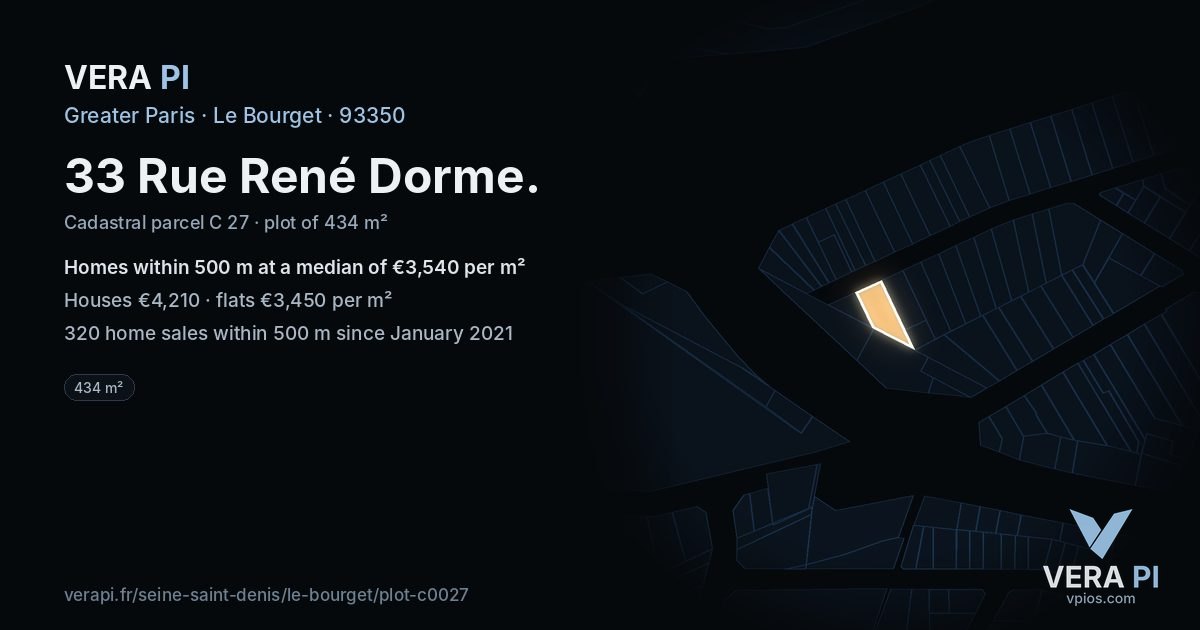 33 Rue René Dorme, Le Bourget at night – the plot lit, the parcels around coloured by the prices near them