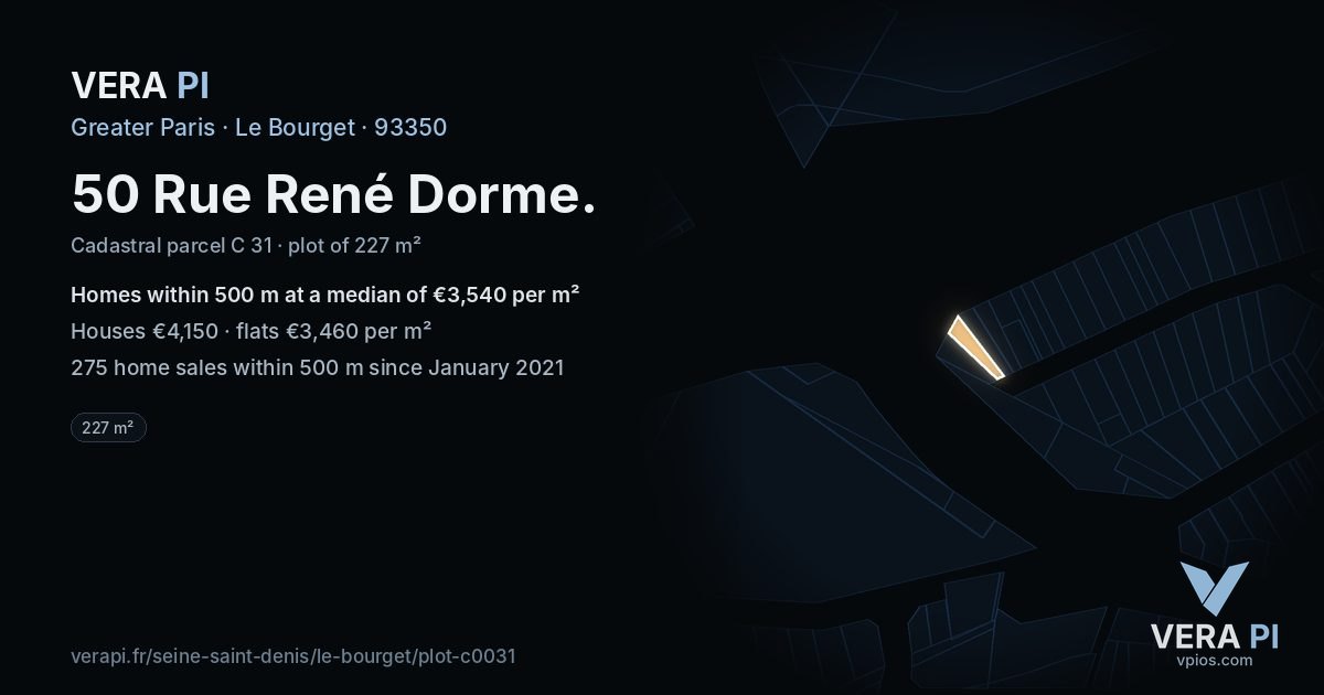 50 Rue René Dorme, Le Bourget at night – the plot lit, the parcels around coloured by the prices near them