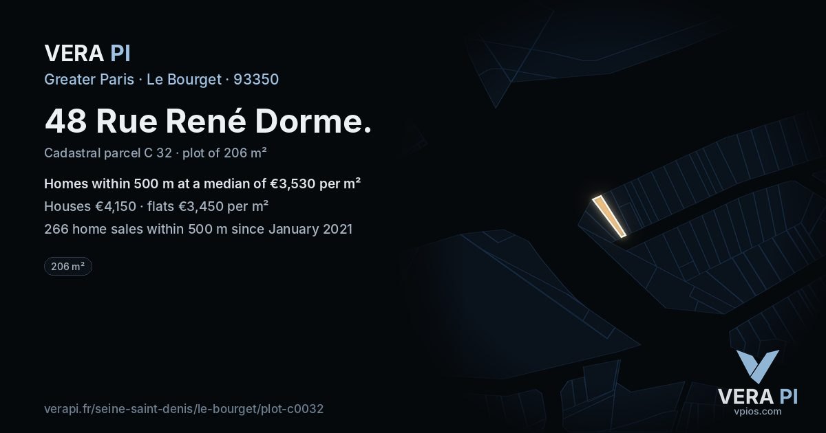 48 Rue René Dorme, Le Bourget at night – the plot lit, the parcels around coloured by the prices near them