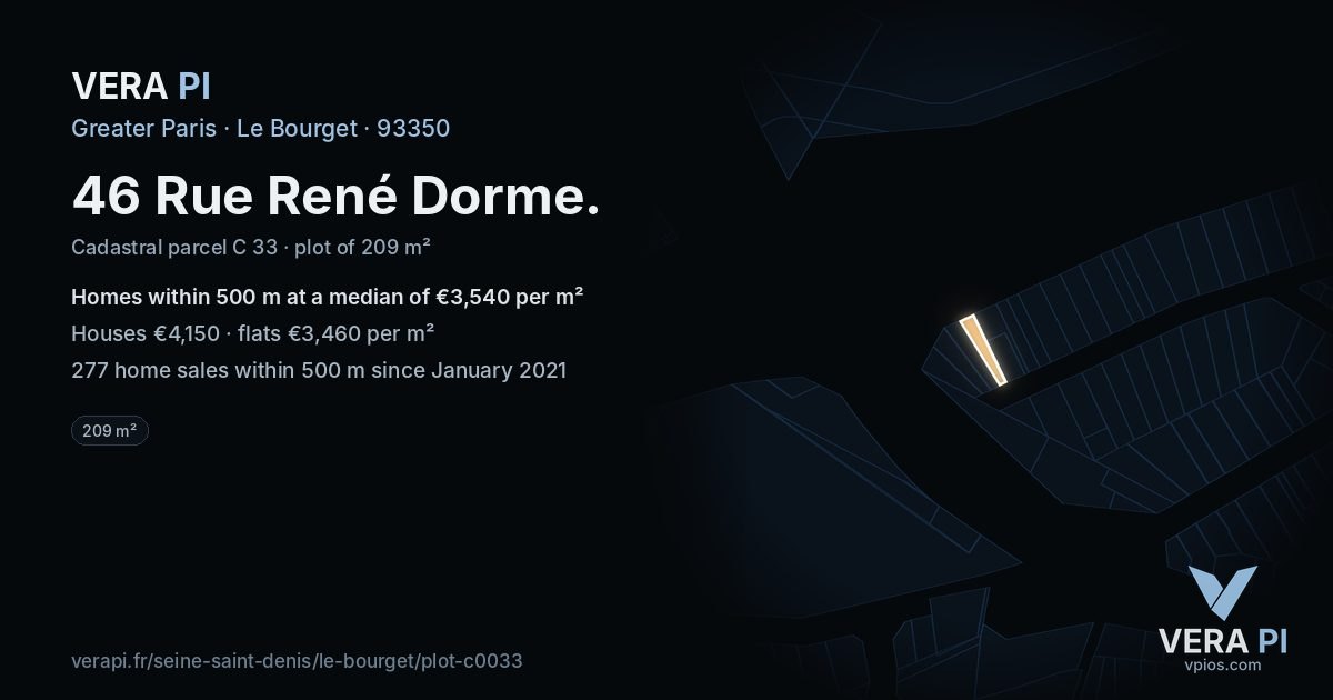 46 Rue René Dorme, Le Bourget at night – the plot lit, the parcels around coloured by the prices near them