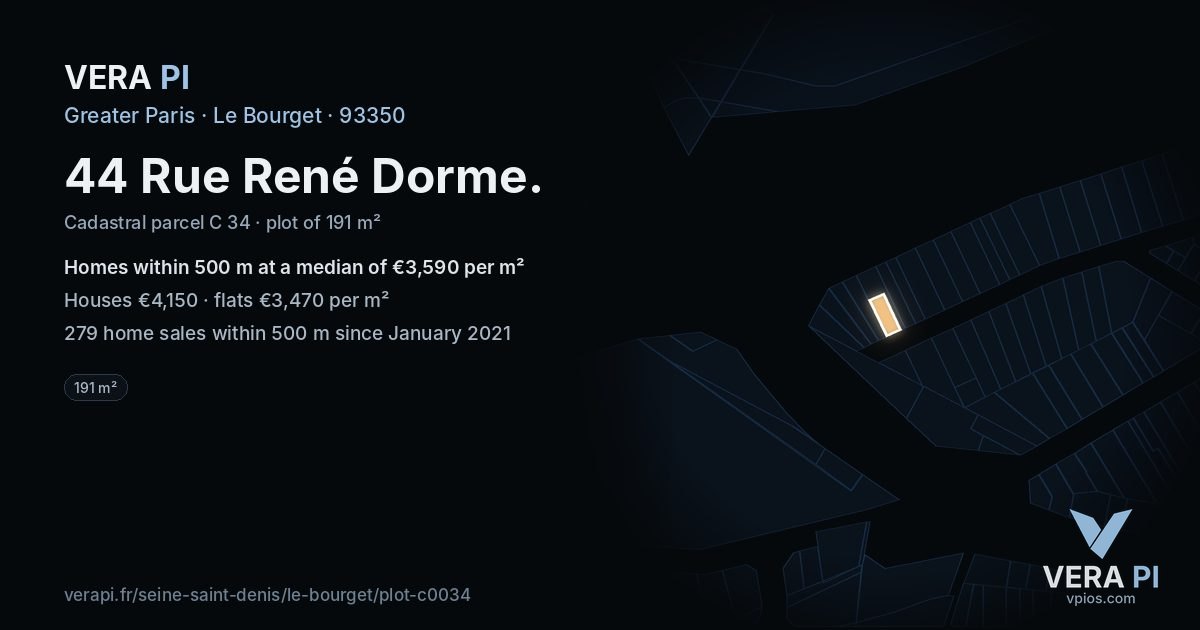 44 Rue René Dorme, Le Bourget at night – the plot lit, the parcels around coloured by the prices near them