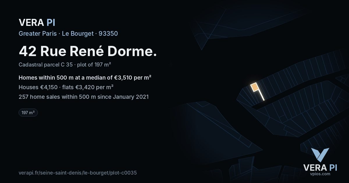 42 Rue René Dorme, Le Bourget at night – the plot lit, the parcels around coloured by the prices near them