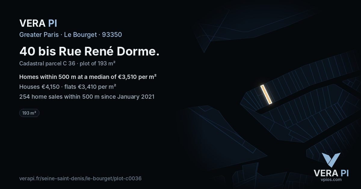 40 bis Rue René Dorme, Le Bourget at night – the plot lit, the parcels around coloured by the prices near them