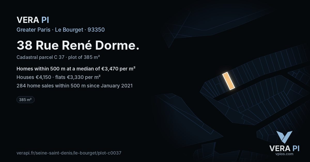 38 Rue René Dorme, Le Bourget at night – the plot lit, the parcels around coloured by the prices near them