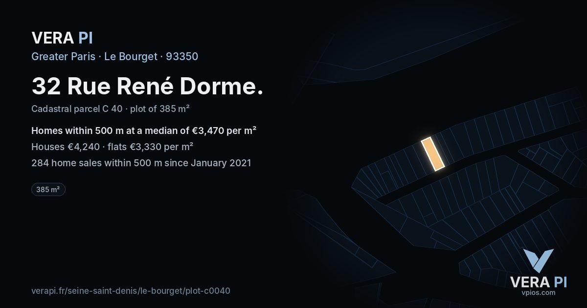 32 Rue René Dorme, Le Bourget at night – the plot lit, the parcels around coloured by the prices near them