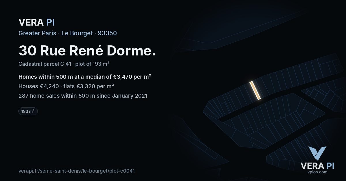30 Rue René Dorme, Le Bourget at night – the plot lit, the parcels around coloured by the prices near them