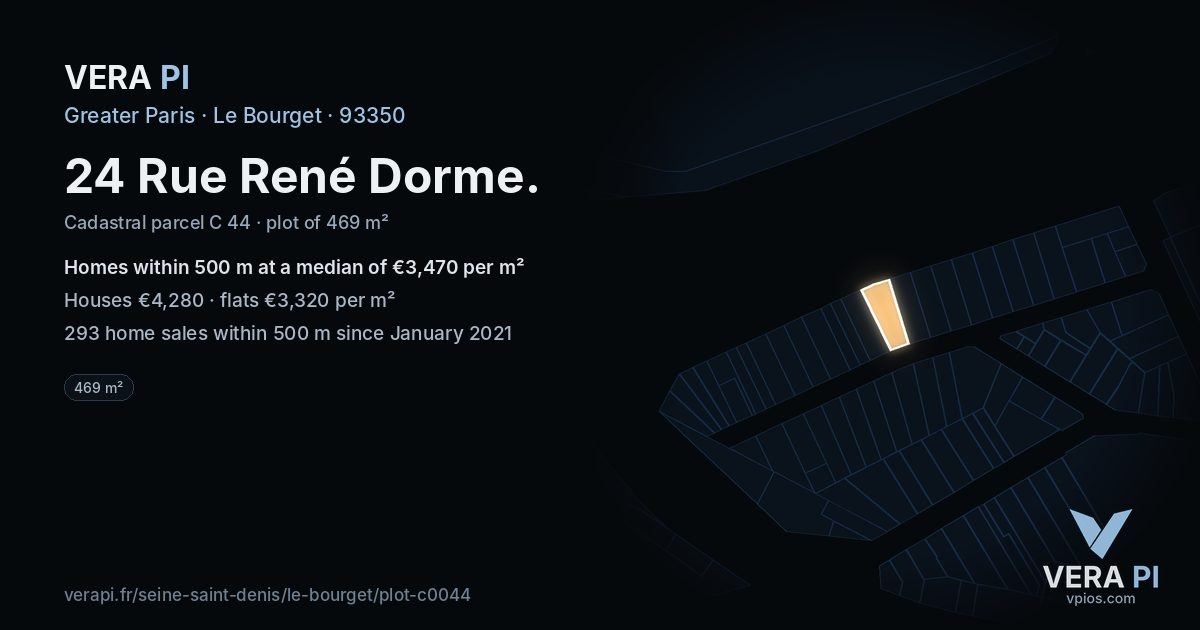 24 Rue René Dorme, Le Bourget at night – the plot lit, the parcels around coloured by the prices near them