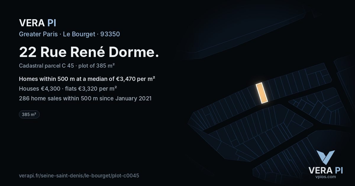 22 Rue René Dorme, Le Bourget at night – the plot lit, the parcels around coloured by the prices near them