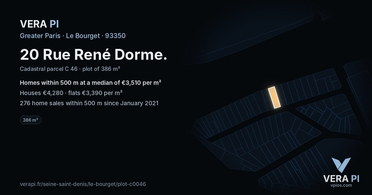 20 Rue René Dorme, Le Bourget at night – the plot lit, the parcels around coloured by the prices near them