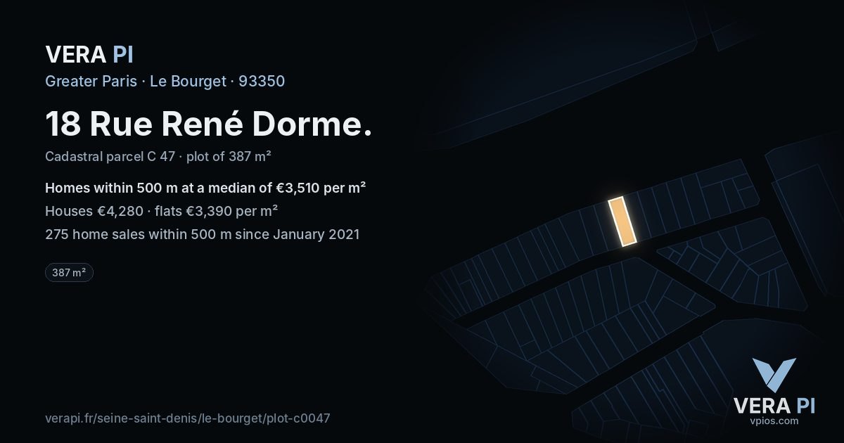 18 Rue René Dorme, Le Bourget at night – the plot lit, the parcels around coloured by the prices near them