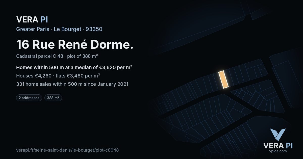 16 Rue René Dorme, Le Bourget at night – the plot lit, the parcels around coloured by the prices near them